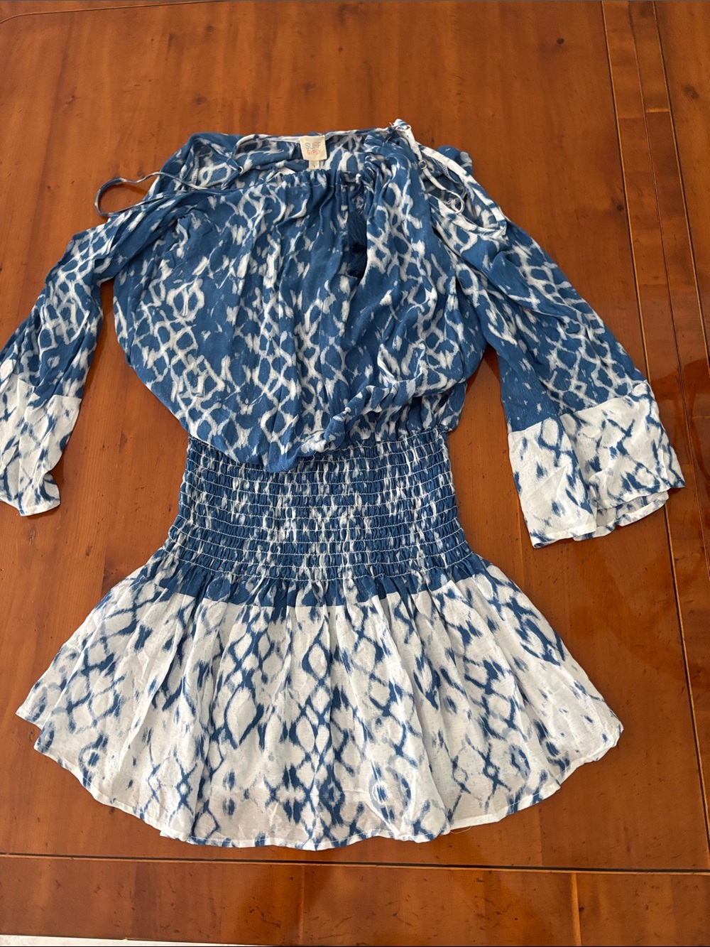 Surf Gypsy Blue & White Tie-Dye Sundress cover-up with Tassel Detail